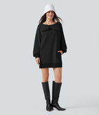 Sweat-shirt coton col bateau nœud manches longues avec poches