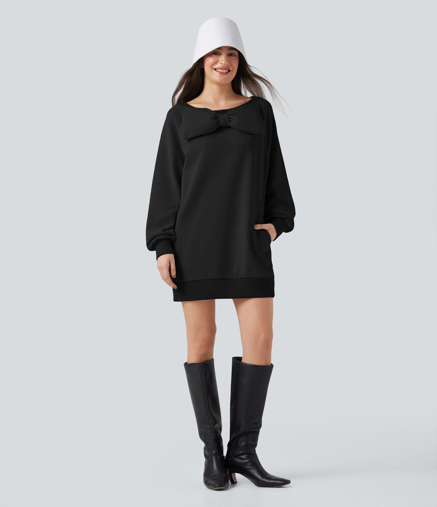 Sweat-shirt coton col bateau nœud manches longues avec poches