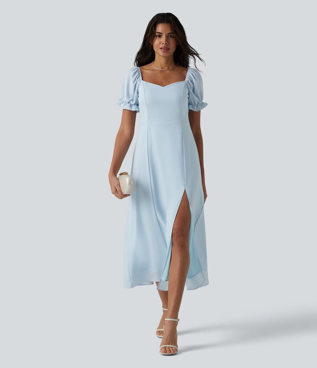 Robe de demoiselle d'honneur et d'invitée de mariage en mousseline fendue col Reine Anne manches bouffantes longueur midi