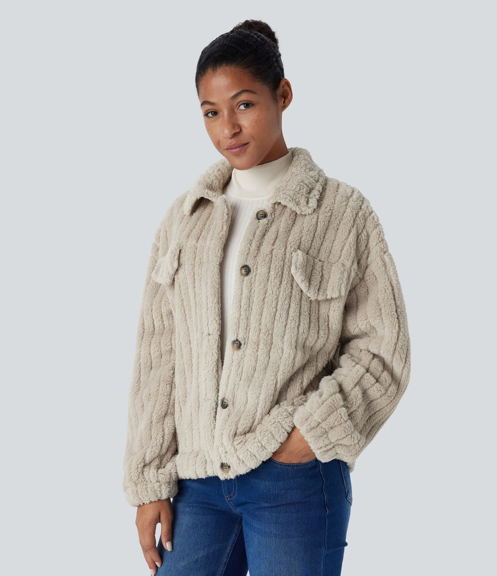 Veste décontractée en sherpa à col, boutons et manches longues