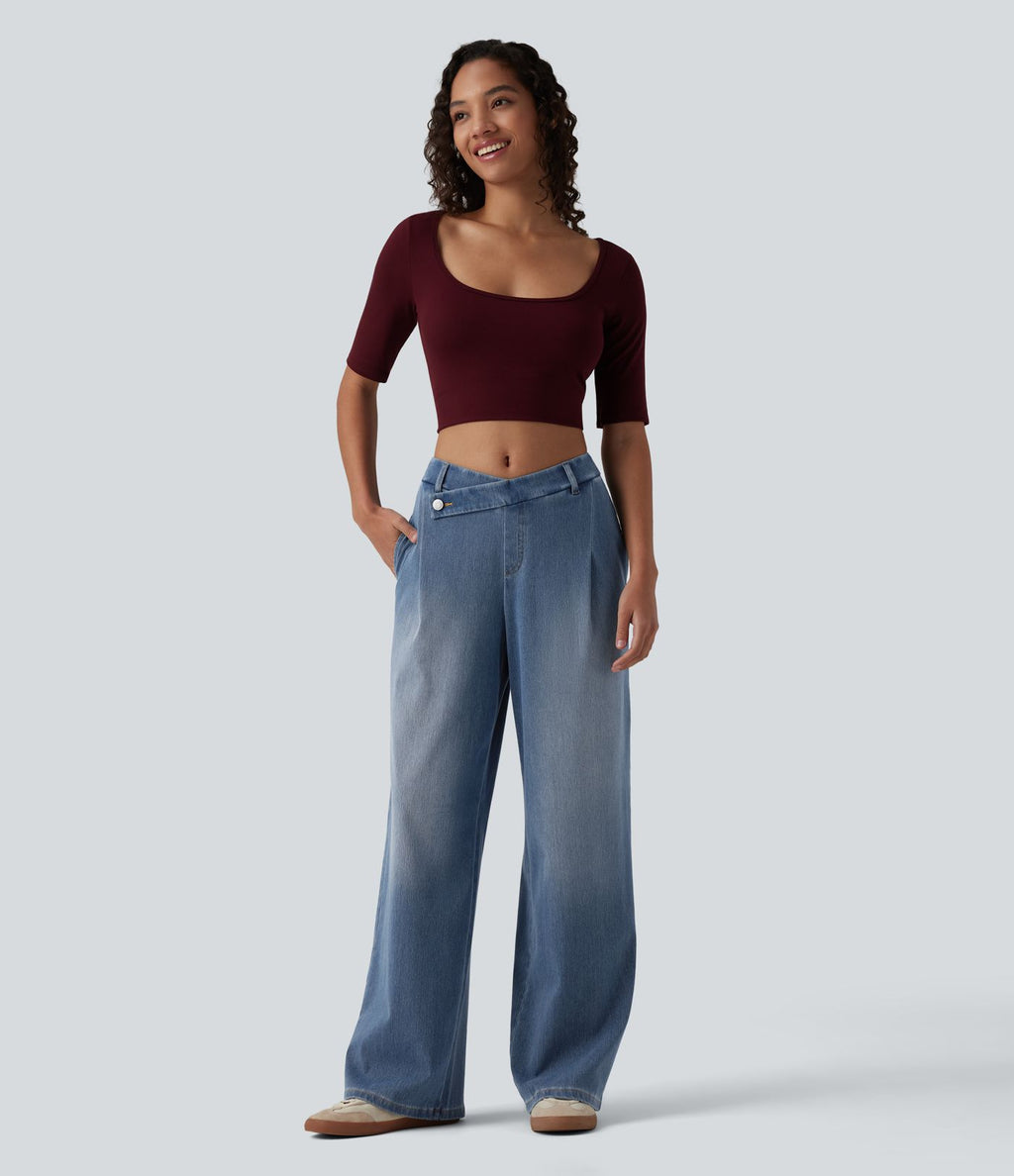 Jean droit Halara Flex™ casual taille mi-haute asymétrique avec poches