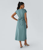 Breezeful™ Robe Mi-Longue Col en V Manches Courtes Poche Latérale Nouée au Dos Séchage Rapide