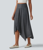 Jupe midi fluide casual taille haute à rayures et ourlet asymétrique mouchoir