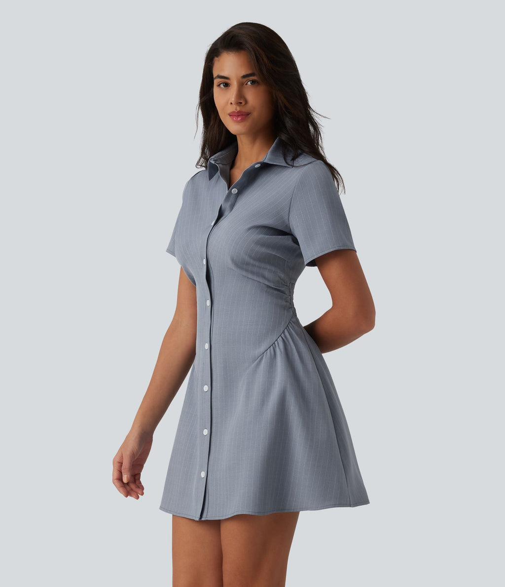Robe chemise courte casual col manches courtes avec fronces et taille cintrée à rayures