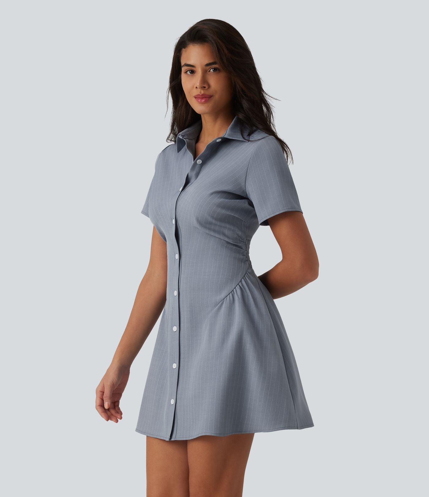 Robe chemise courte casual col manches courtes avec fronces et taille cintrée à rayures