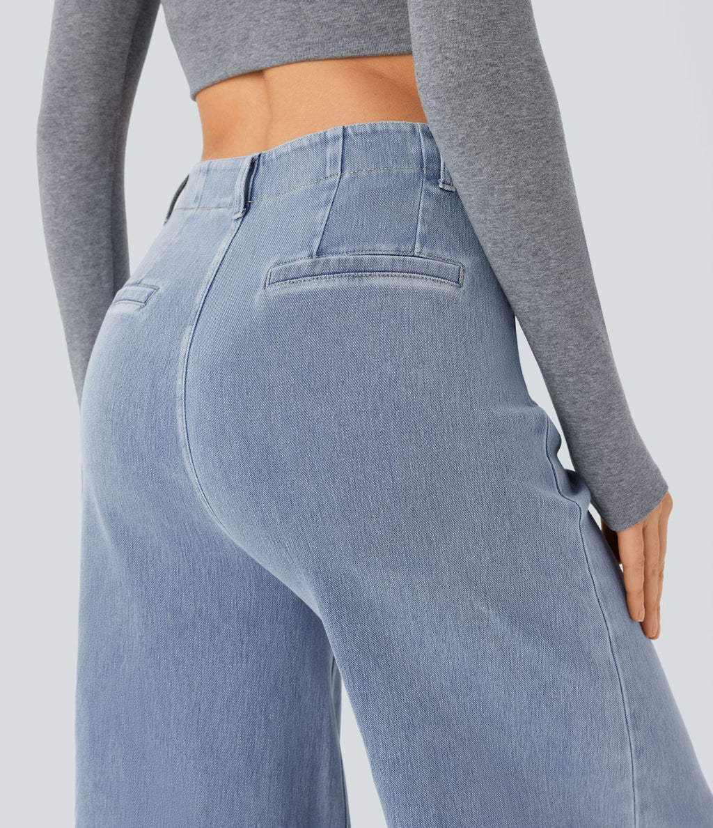 Halara Flex™ Jean large Palazzo et Taille Haute avec Poches Avant en Tricot Extensible Lavé
