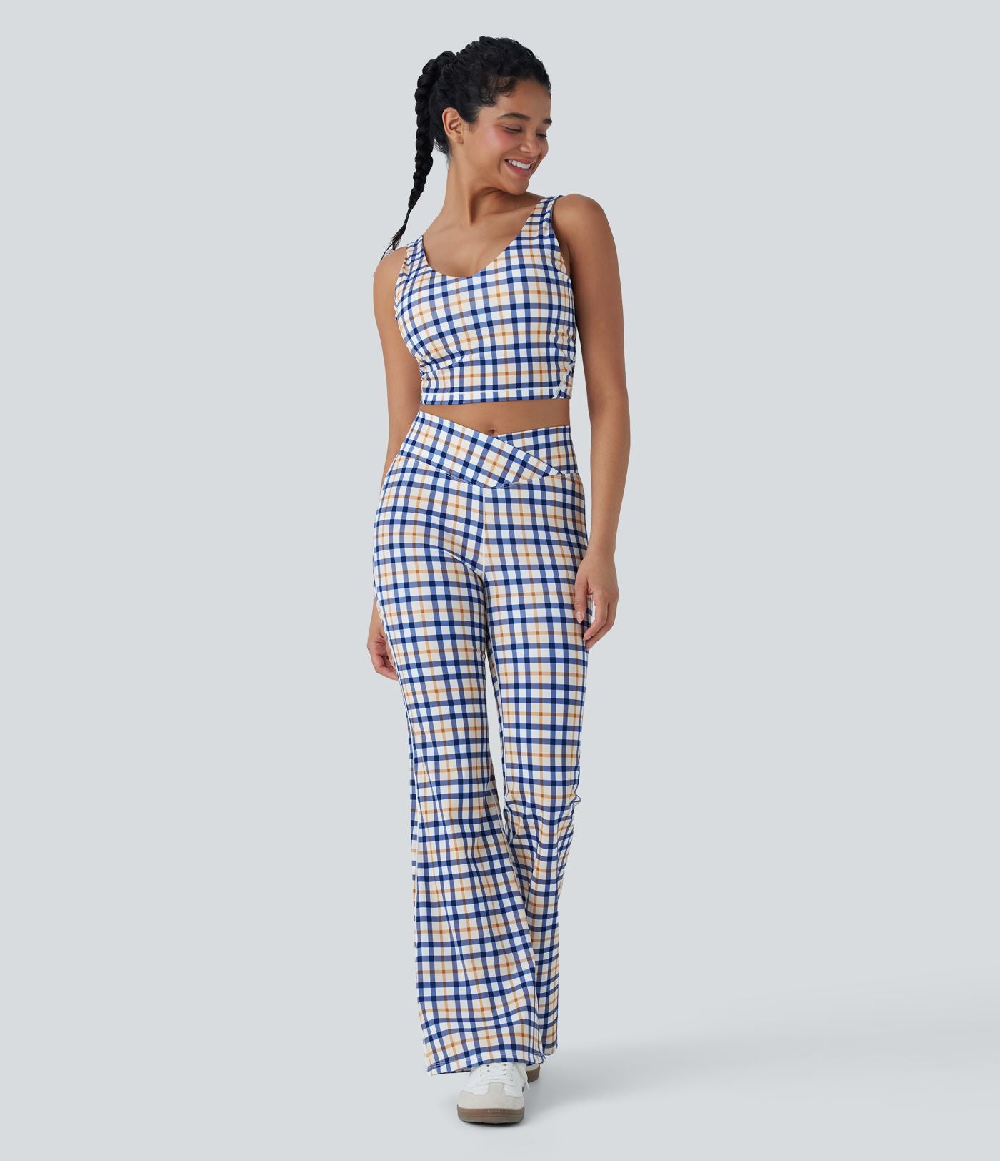 Pantalon évasé de yoga taille haute Cool Touch à motif écossais avec croisement et poche
