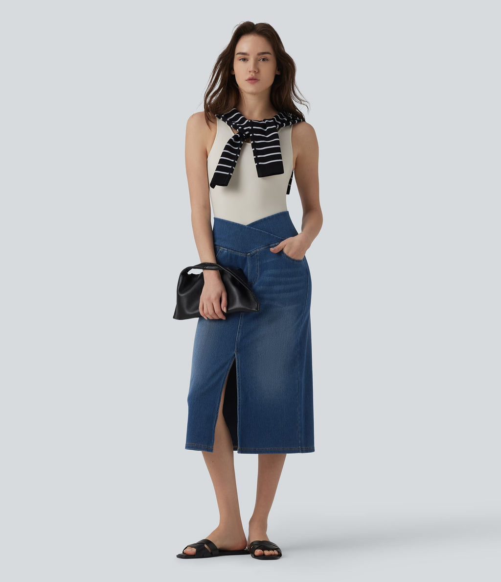 Halara Flex™ Jupe droite casual en jean asymétrique taille haute ventre plat avec fente et poches