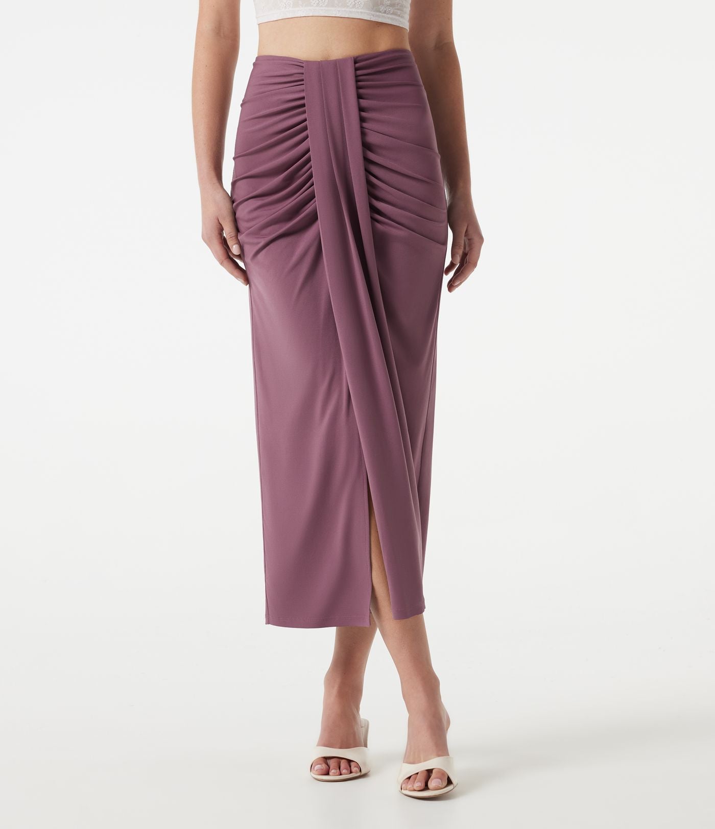 Jupe midi moulante taille haute froncée
