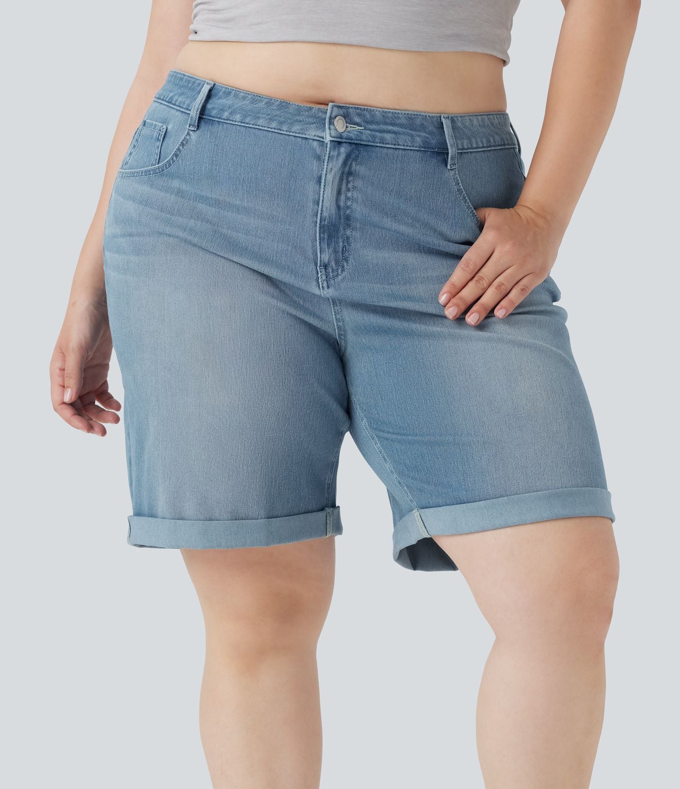 Short bermuda casual denim grande taille Halara Flex™ tricot extensible délavé taille haute multiples poches ourlet roulotté