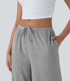 Pantalon fluide ample à taille basse avec cordon de serrage, côtes extensibles, doux pour la peau et poches latérales