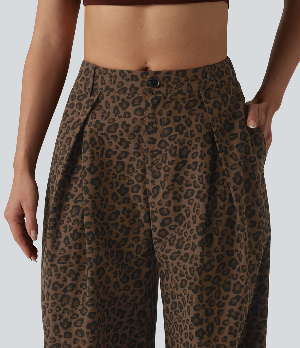 Pantalon large décontracté imprimé léopard taille mi-haute avec poches