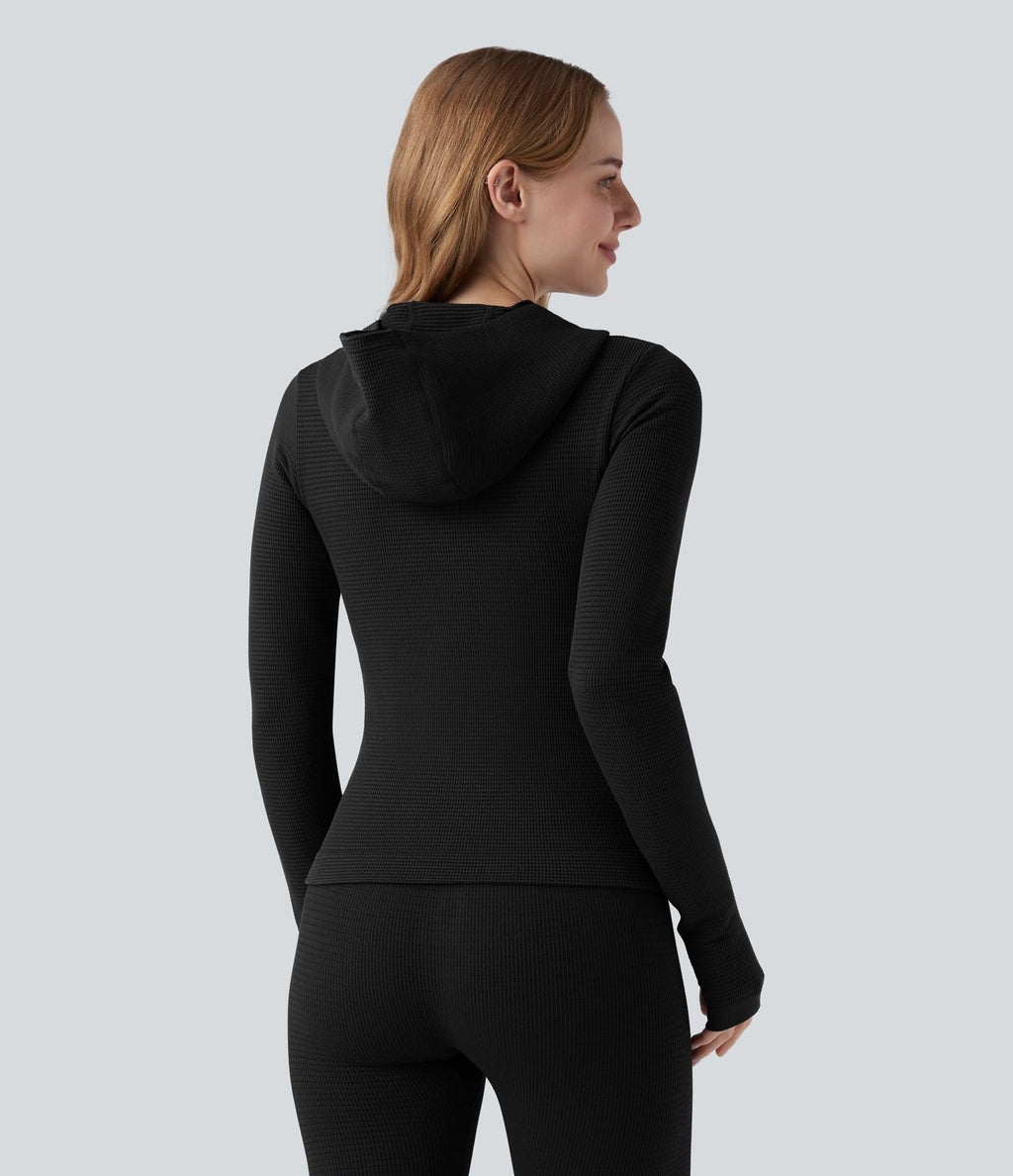Veste yoga en maille gaufrée à capuche zippée à manches longues avec passants pouces sans couture OneForm Seamless Flow avec poches