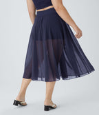 Jupe Taille Haute 2 En 1 En Maille Contrastée Avec Cordon De Serrage Et Poche Latérale Fluide Evasée Casual Grande Taille