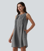 Robe courte sans manches col rond à carreaux aspect lin avec poches