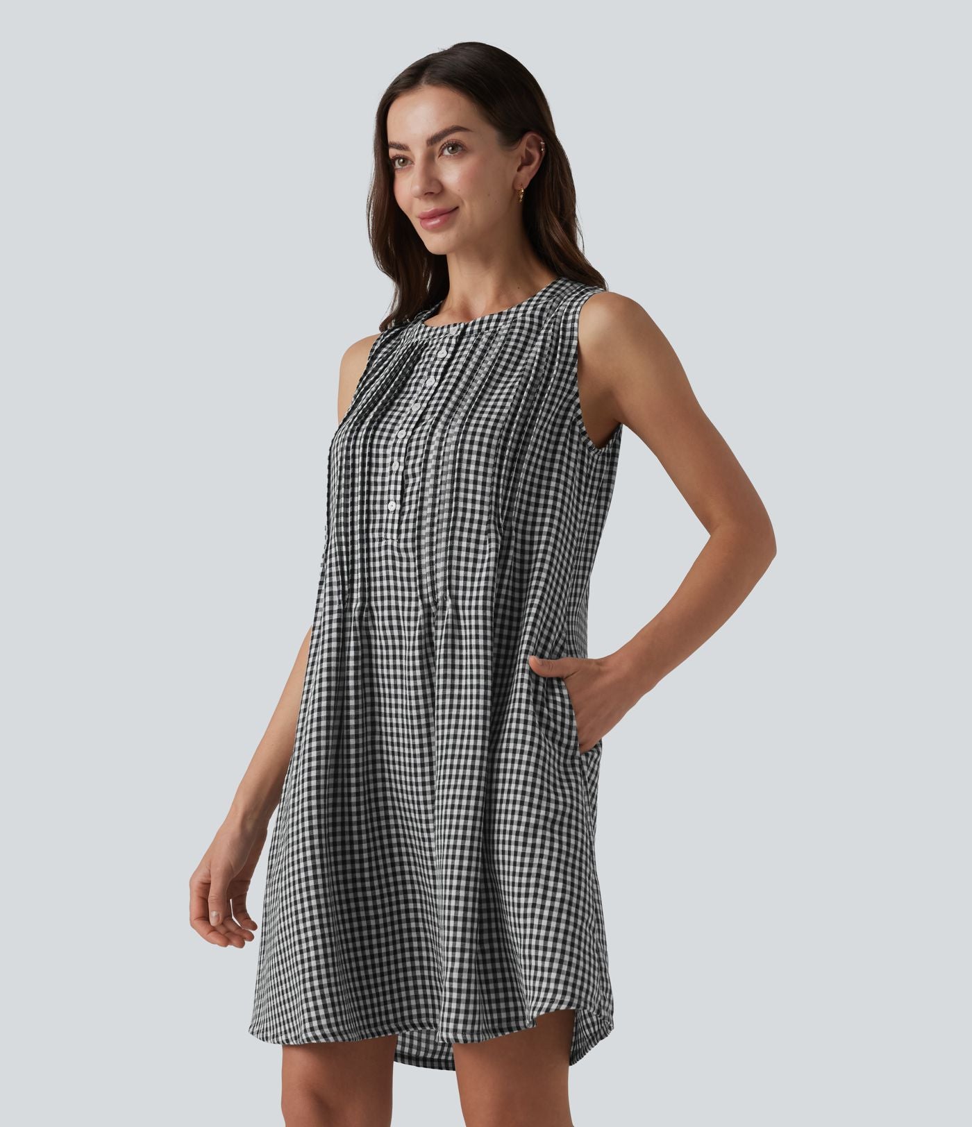 Robe courte sans manches col rond à carreaux aspect lin avec poches
