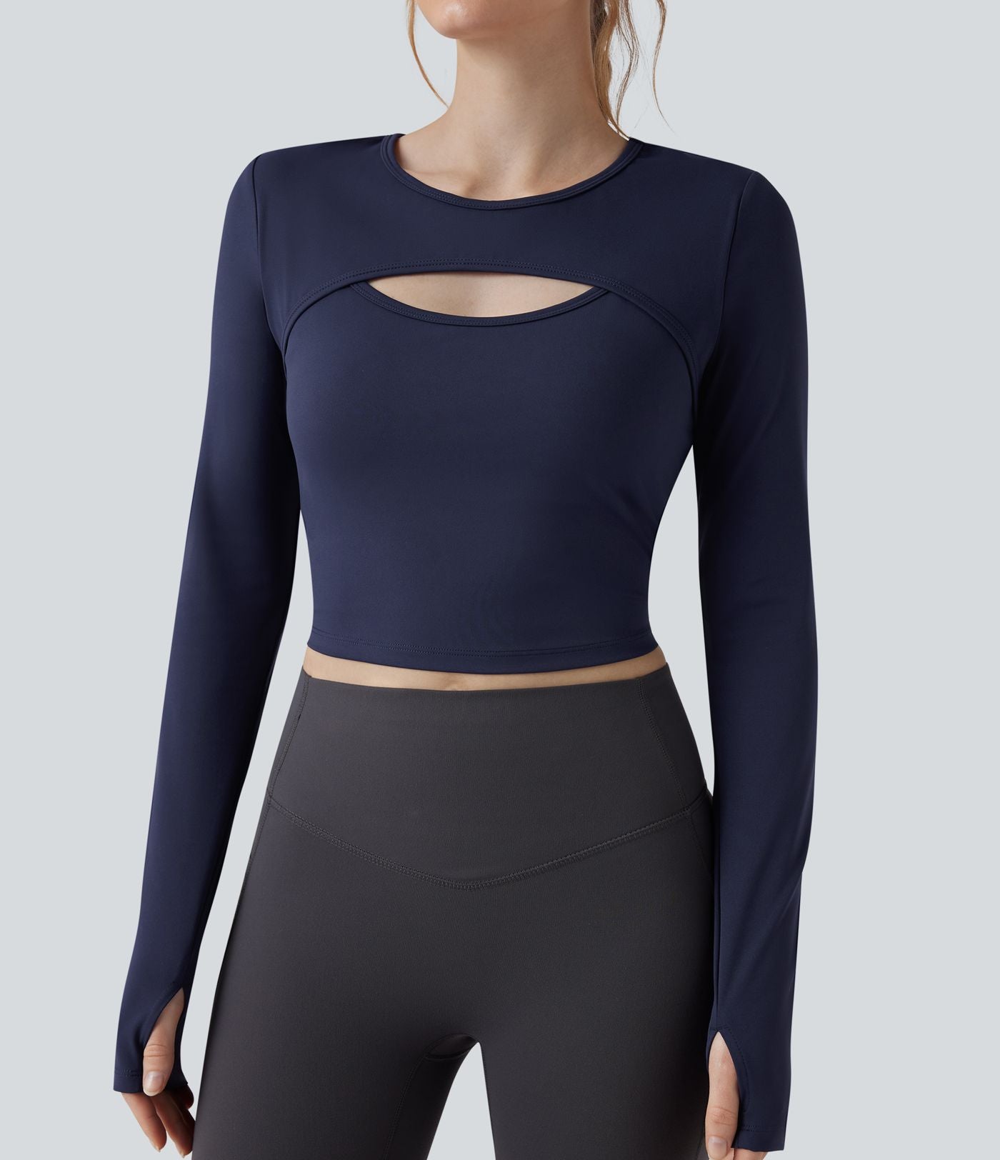 Haut de sport yoga court 2-en-1 col rond à manches longues avec passants pouces et laçage SoftlyZero™ Airy - UPF50+