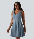 Robe évasée décontractée Halara Flex™ en denim à col V sans manches et drapée en lyocell lavé