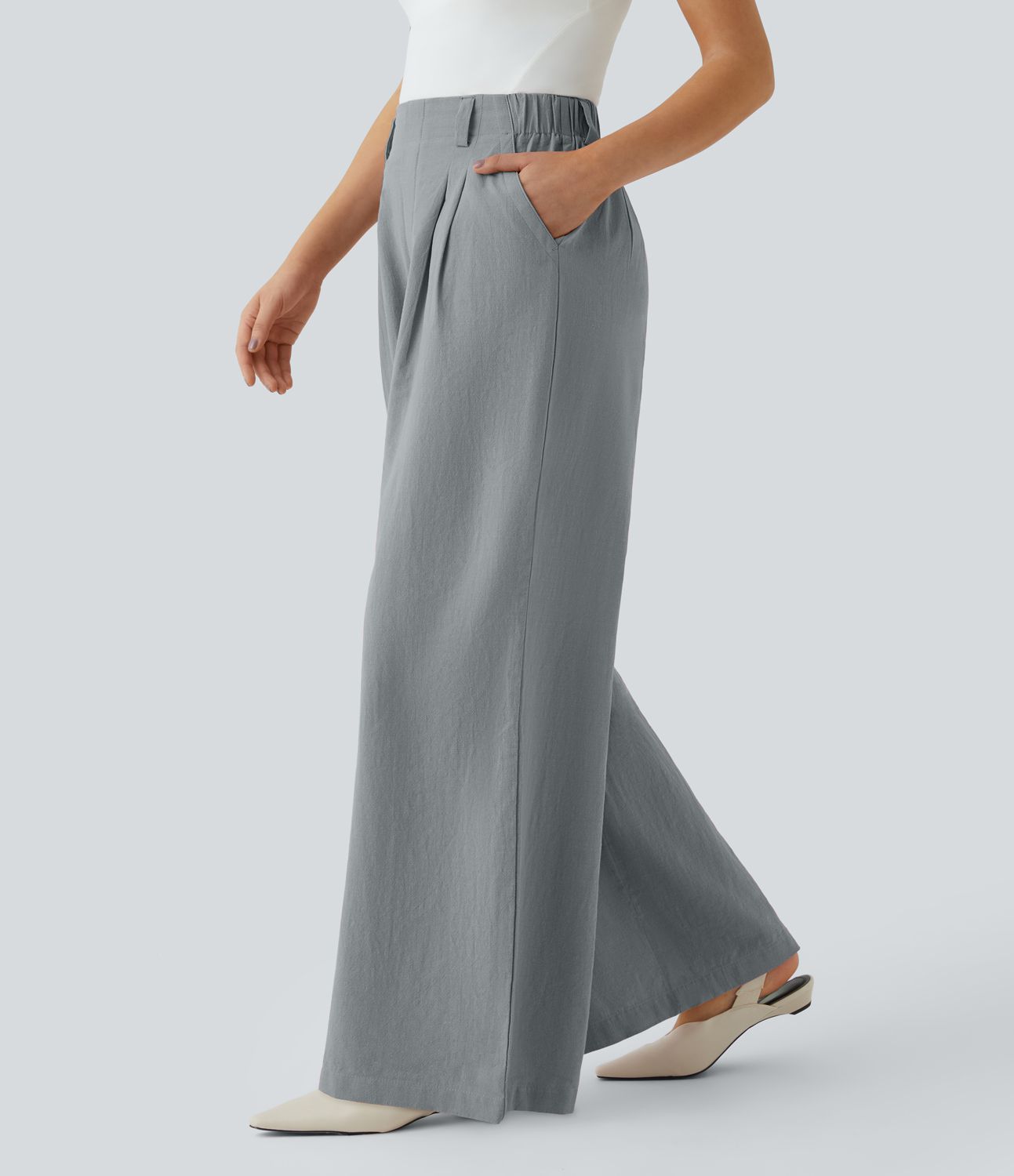 Pantalon Fluide Large Taille Haute Poches Latérales Palazzo Solide Casual Linen-Feel