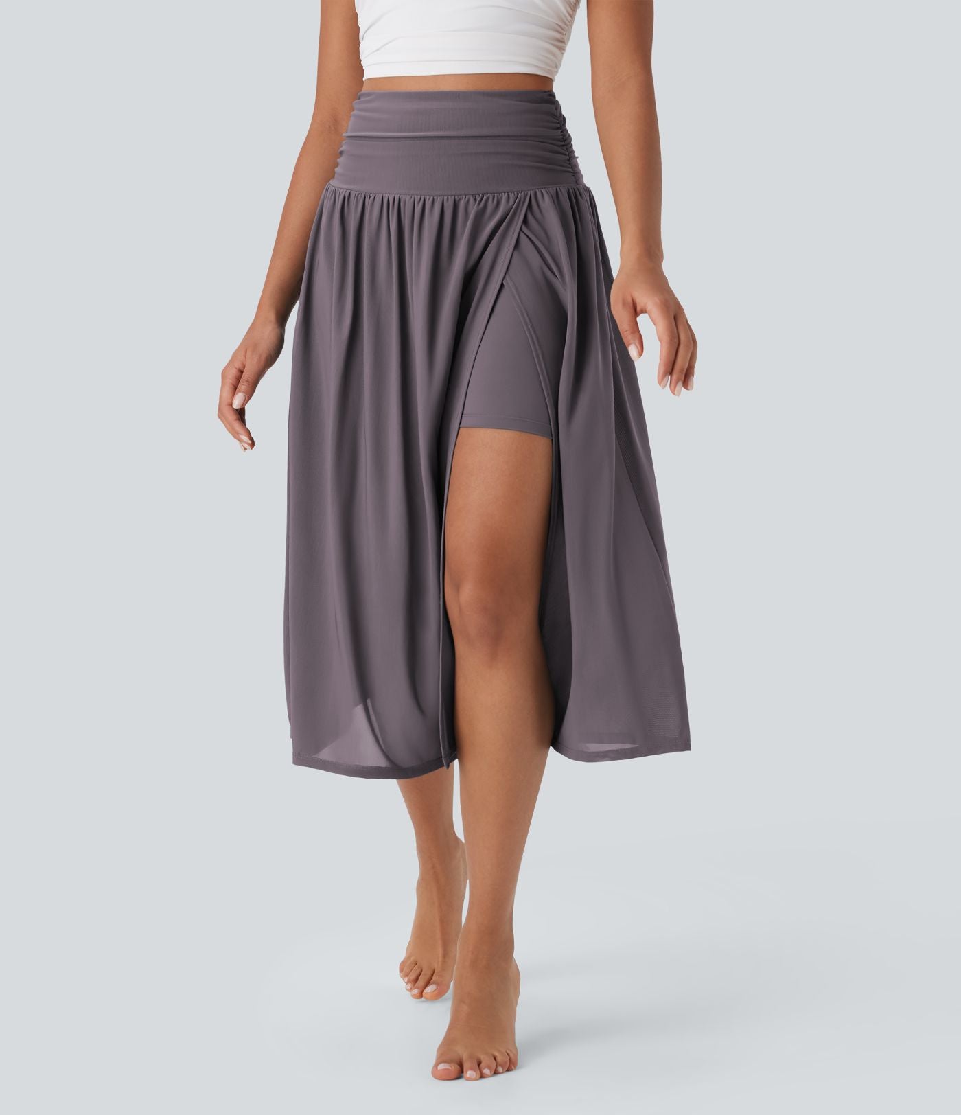 Jupe de danse mi-longue fluide 2-en-1 taille haute, fendue avec poche latérale