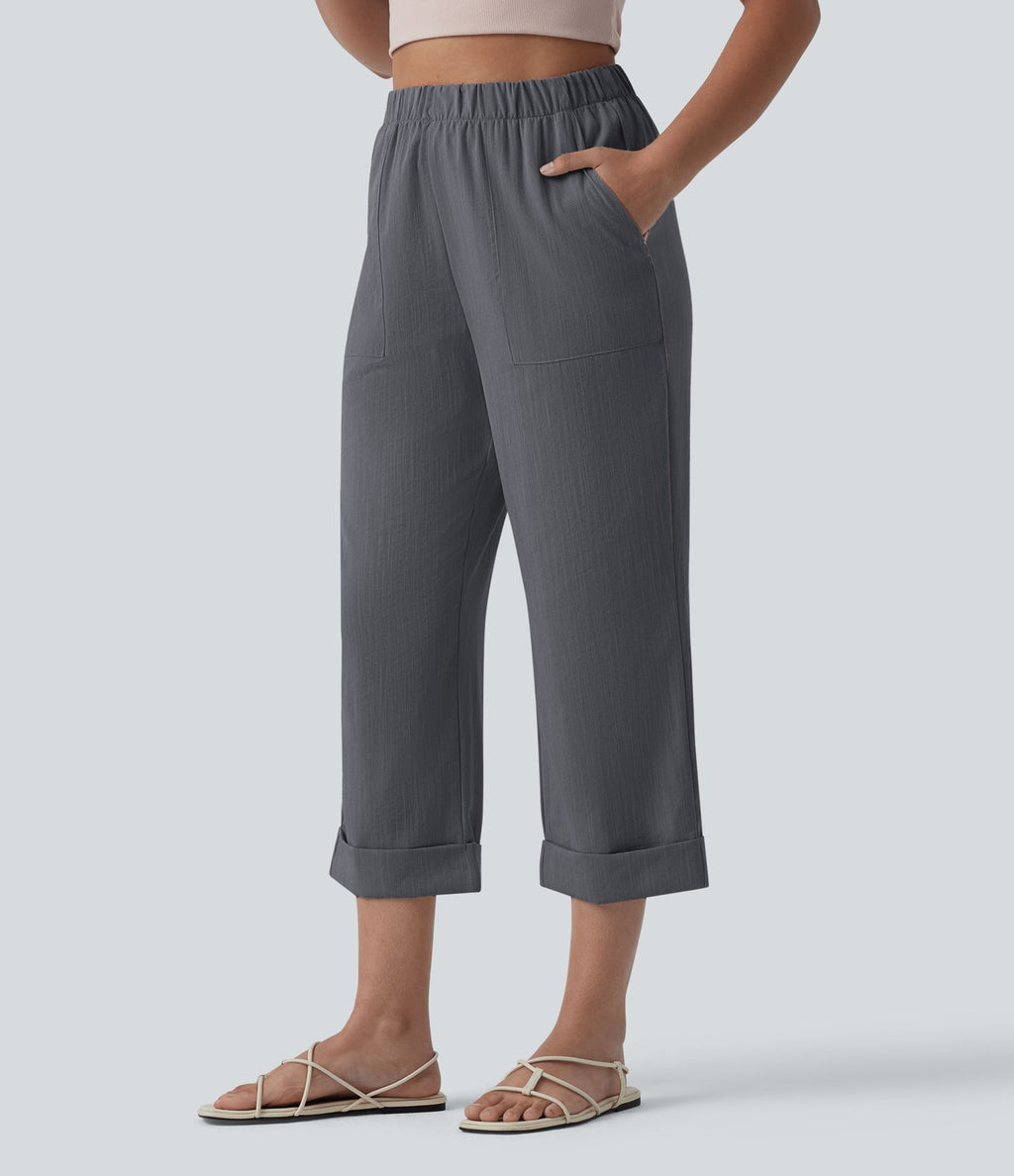 Pantalon casual court aspect lin coupe droite taille haute avec poches