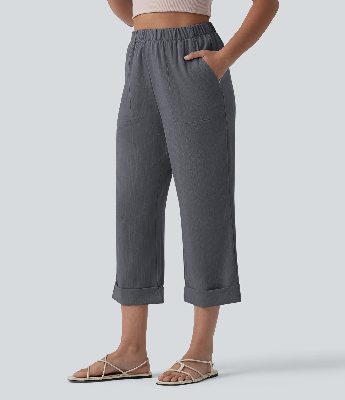 Pantalon casual court aspect lin coupe droite taille haute avec poches