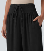Pantalon large casual texturé taille mi-haute avec cordon de serrage et poches – Style resort
