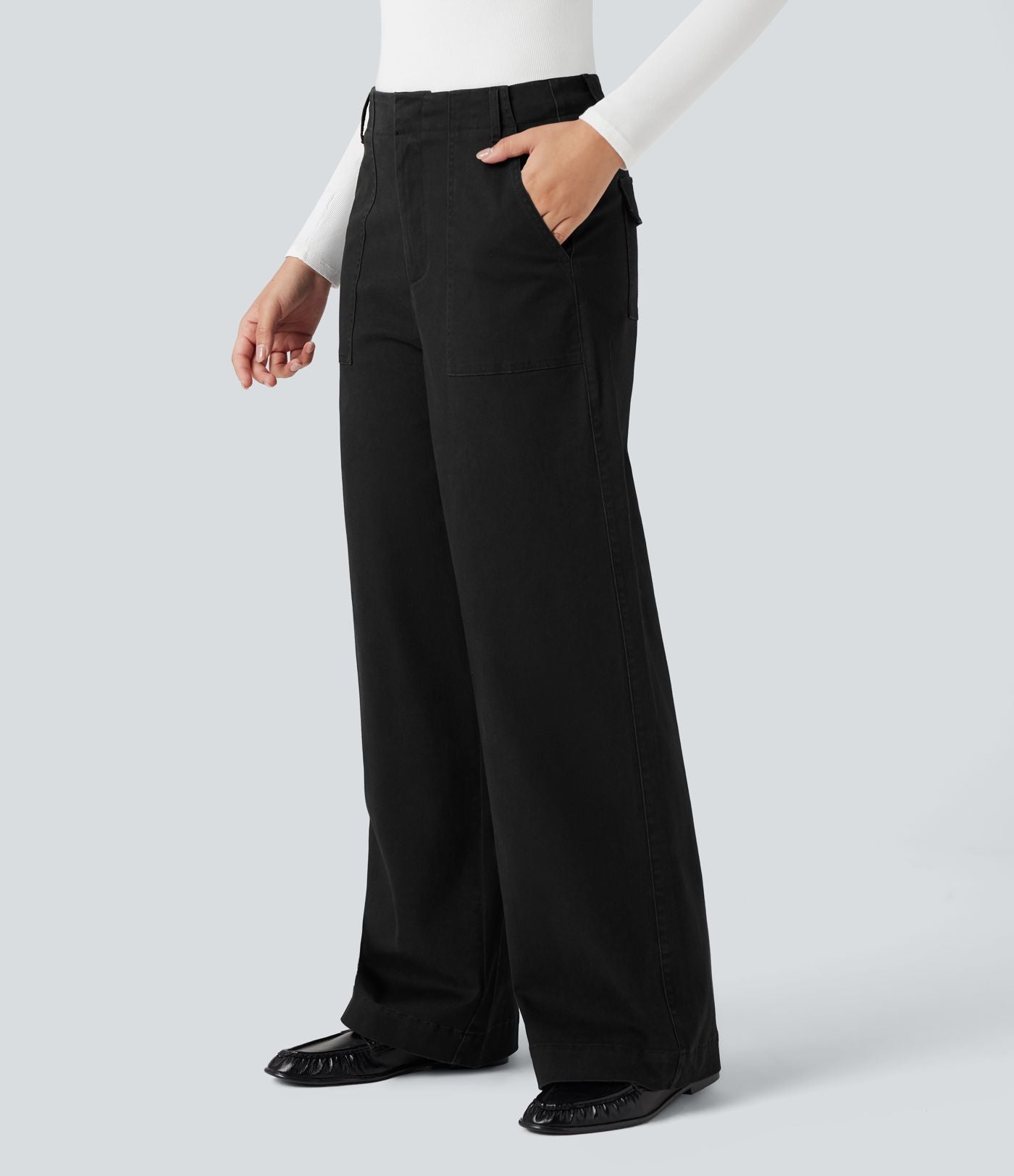 Pantalon chino coton jambes larges taille mi-haute avec poches
