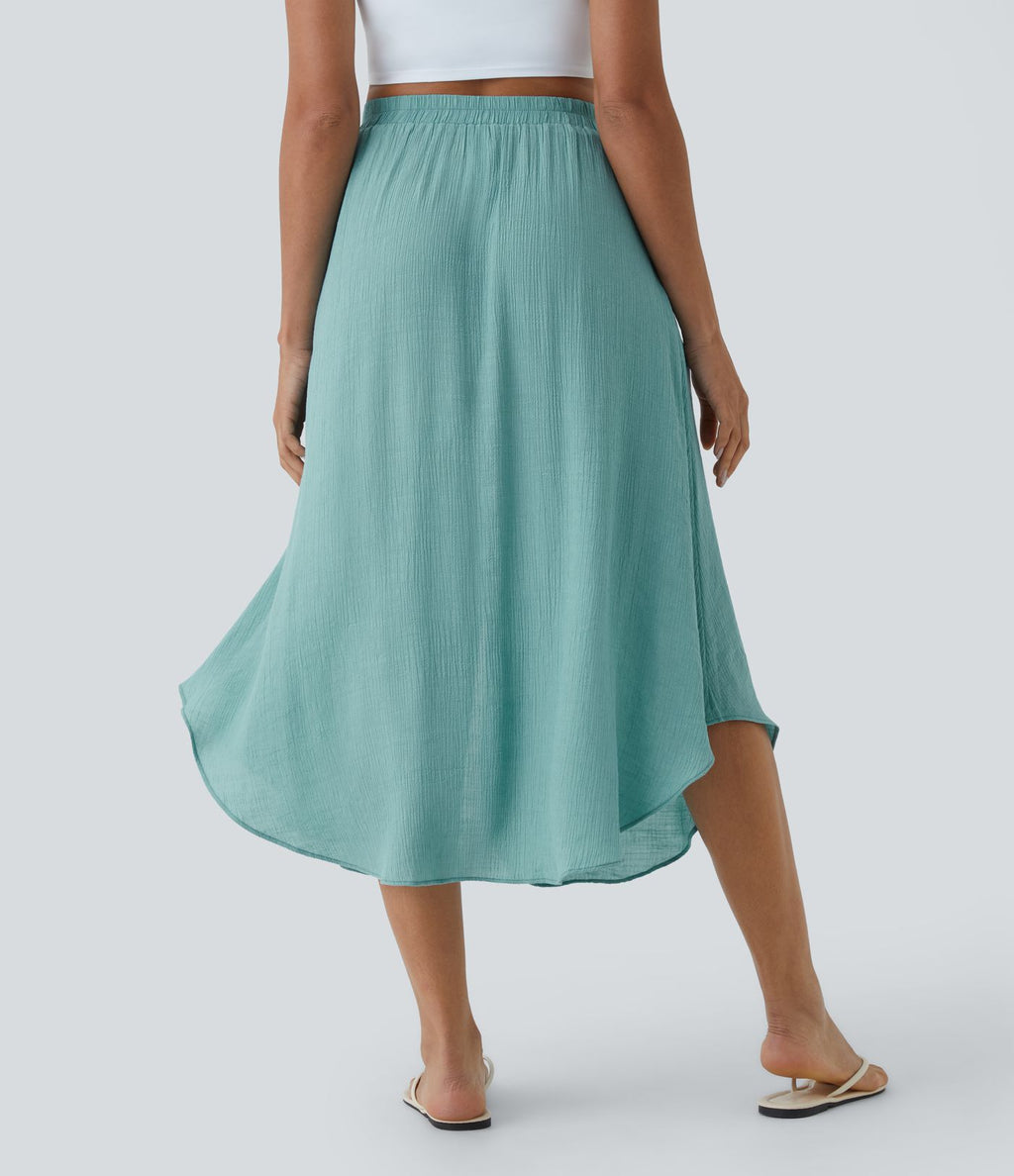 Jupe Midi Fluide Taille Haute Cordon de Serrage Boutonnés Poches Latérales