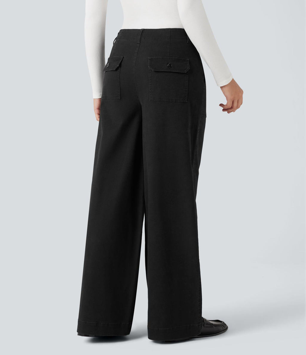 Pantalon chino coton jambes larges taille mi-haute avec poches