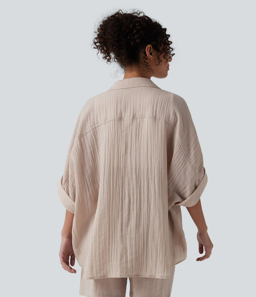 Chemise décontractée effet lin à manches mi-longues avec poche