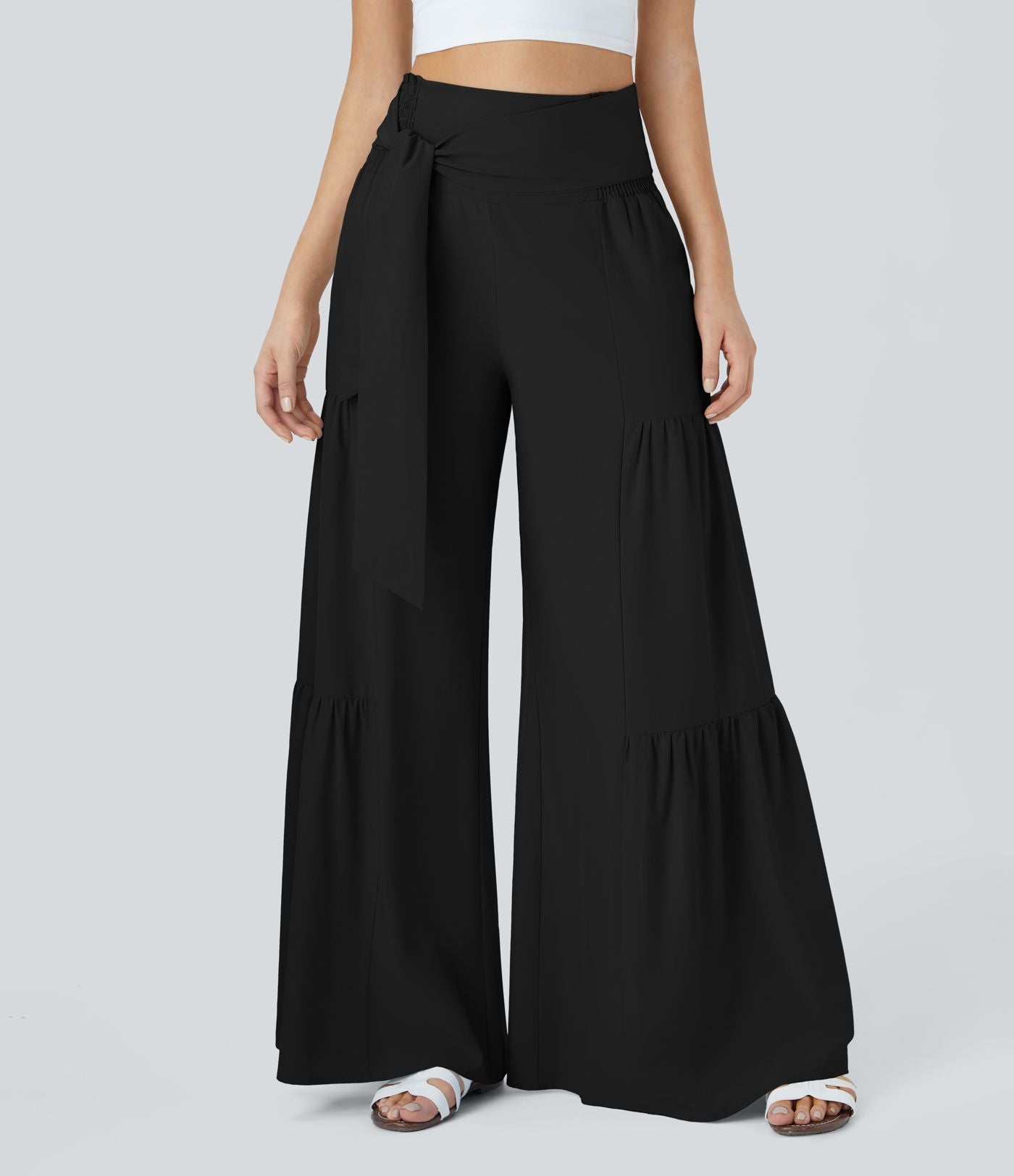 Breezeful™ Pantalon Large Casual Taille Haute Froncé à Nouer Devant et Dos Fluide Séchage Rapide