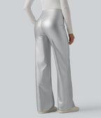 Pantalon similicuir évasé gainant taille haute stretch avec poches