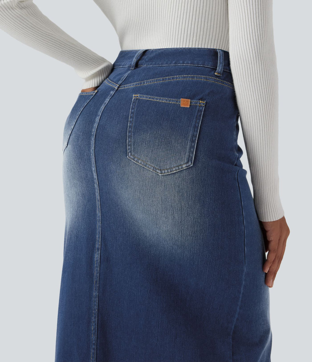 Jupe longue droite en denim délavé Halara Flex™ taille haute avec poches