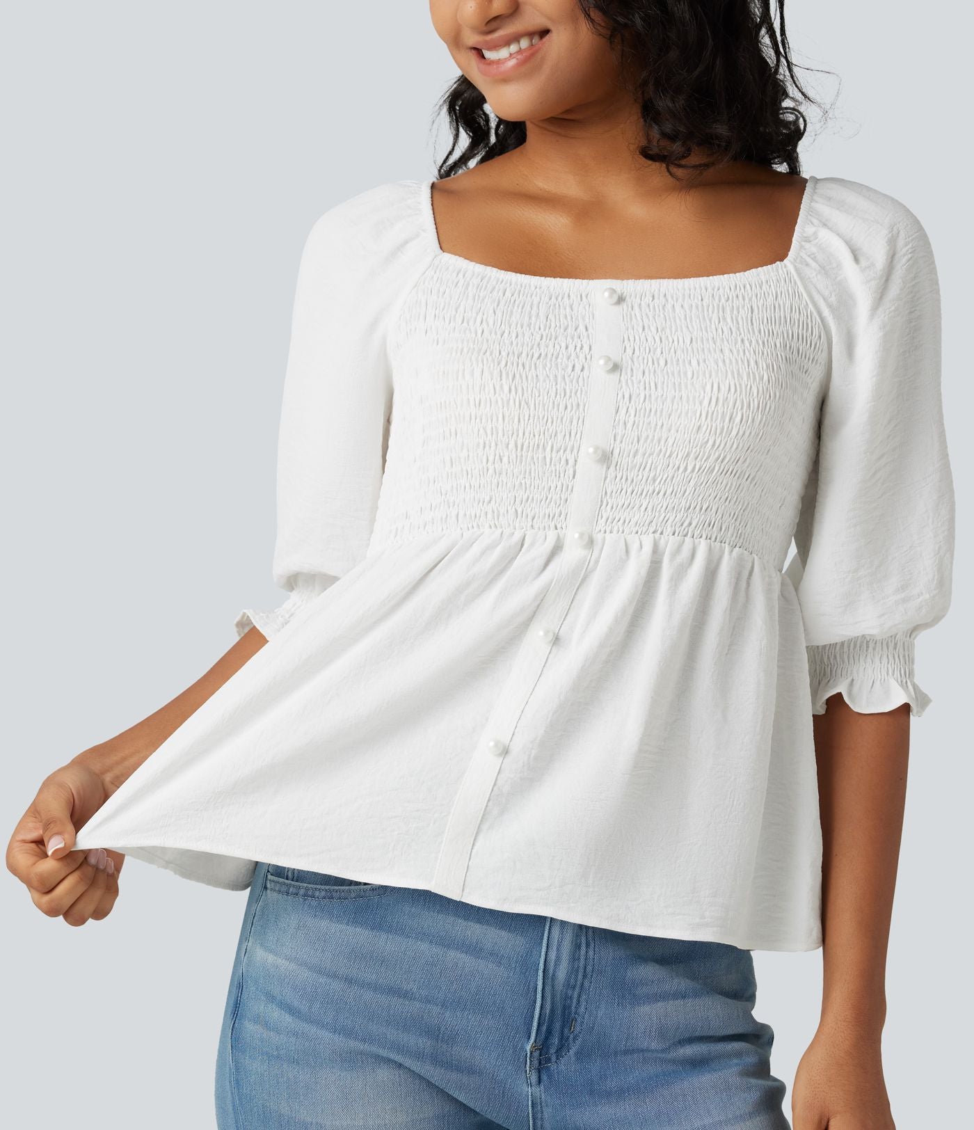 Blouse casual babydoll col carré à manches bouffantes mi-longues et détails froncés