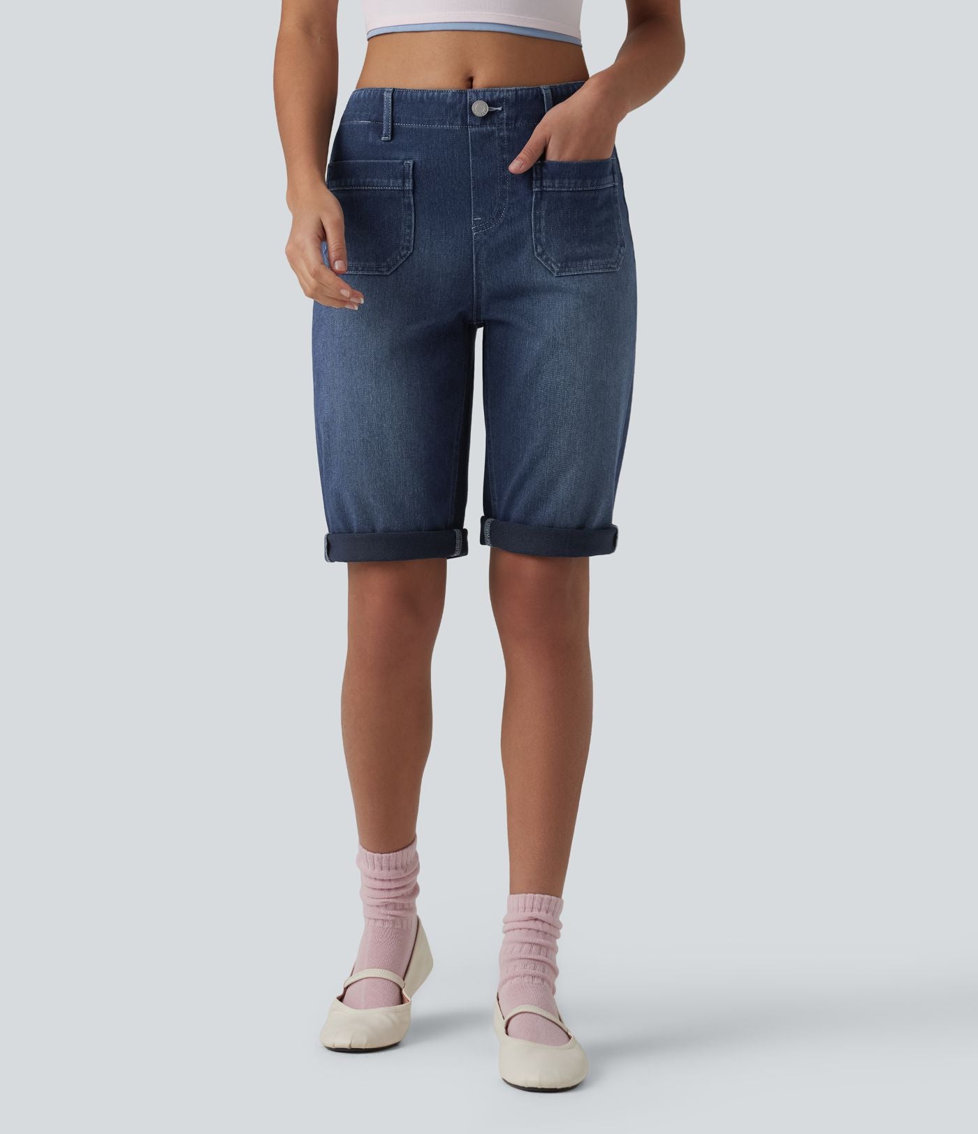 Halara Flex™ Short en jean casual taille mi-haute ourlet roulé avec poches