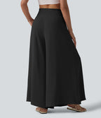 Pantalon fluide décontracté taille haute froncé aspect lin avec poches
