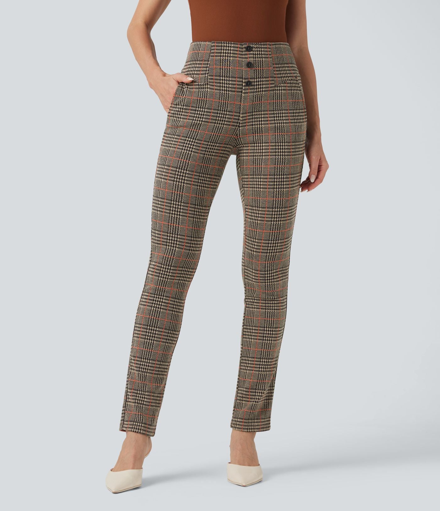 Halara Flex™ Pantalon tailleur Cintrés à Taille Haute avec Boutons Décoratifs Poches Latérales et Imprimé Pied-de-Poule