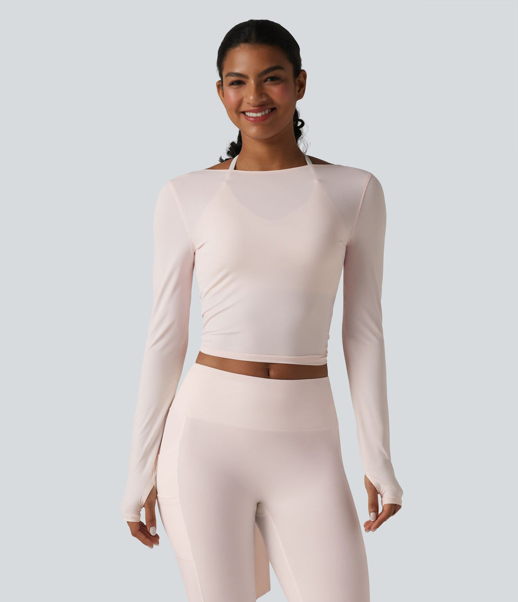 Haut de yoga à manches longues et bretelles croisées, toucher doux, protection solaire UPF50+