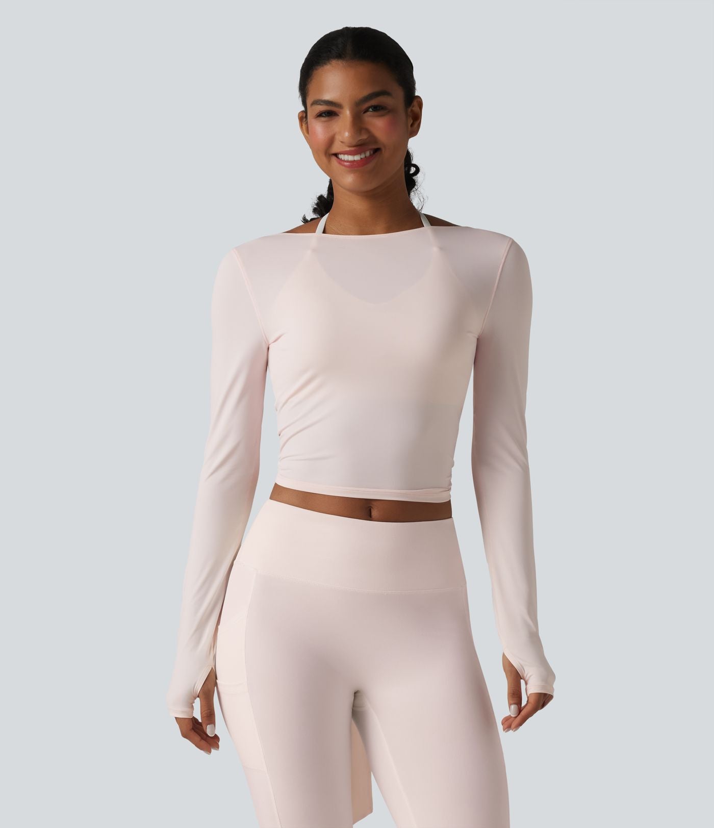 Haut de yoga à manches longues et bretelles croisées, toucher doux, protection solaire UPF50+