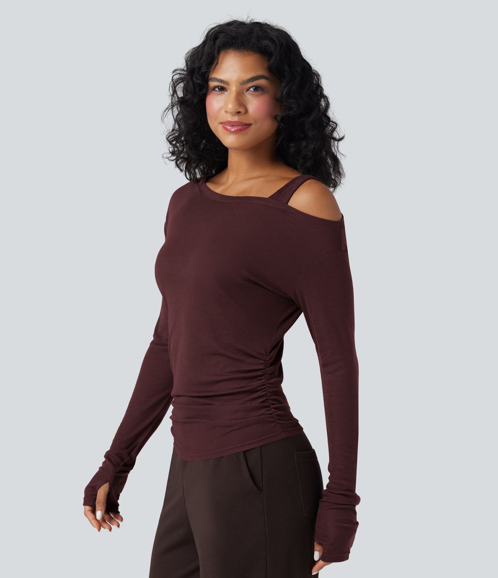 T-shirt décontracté asymétrique en mélange de laine à une épaule et manches longues