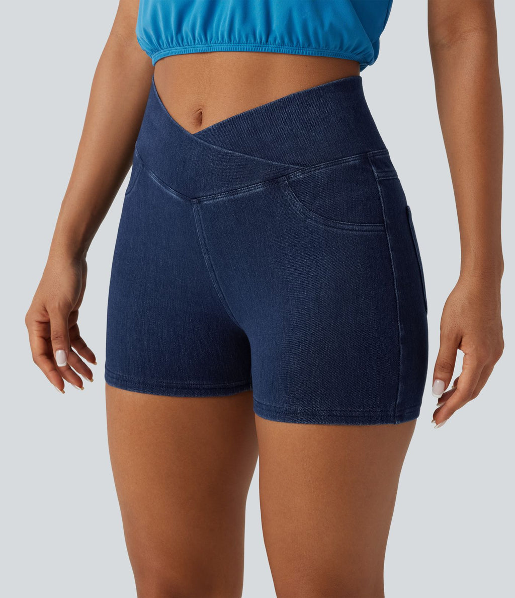 Halara Flex™  Shorts 7,5cm Denim Casual Taille Haute Poches Latérales Croisées en Maille Extensible