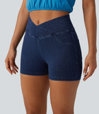 Halara Flex™  Shorts 7,5cm Denim Casual Taille Haute Poches Latérales Croisées en Maille Extensible