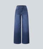 Halara Flex™ Jean Large Casual Taille Basse avec Boutons Zip Multiples Poches Lavés Élastiques et Tricotés