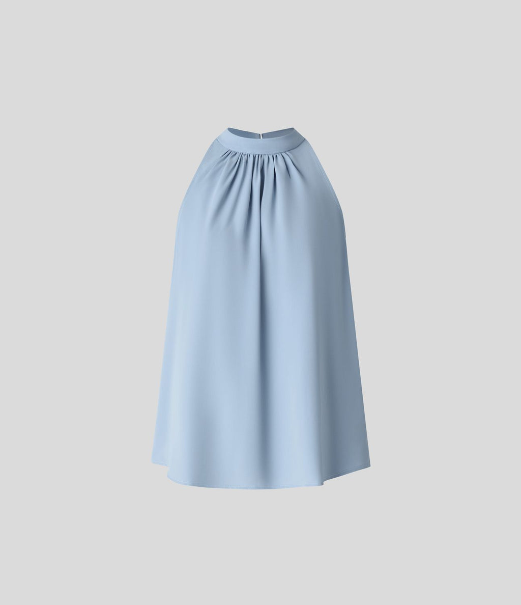 Blouse Travail Sans Manches Ourlet Courbé Col Haut Découpe au Dos Plis