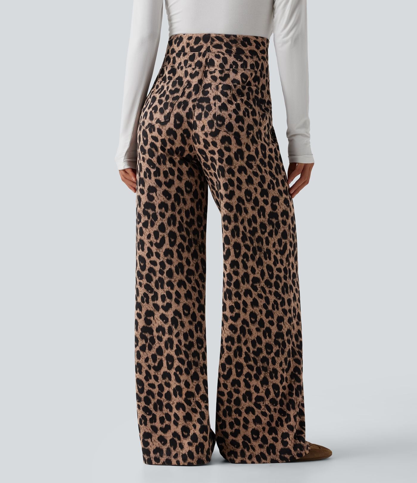 Pantalon large décontracté taille haute gaufré imprimé léopard avec poches