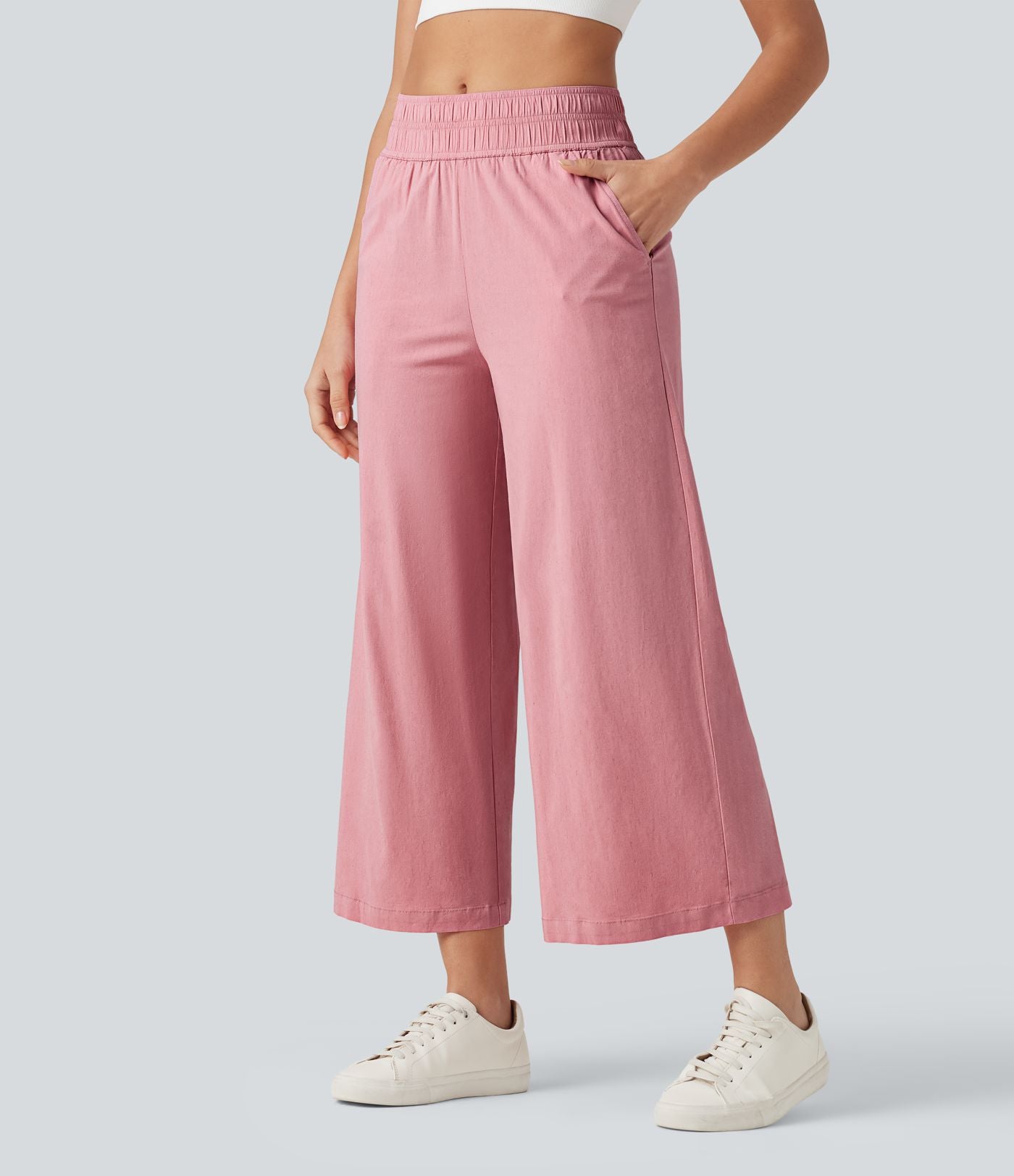 Pantalon large fluide 7/8 taille mi-haute en lin extensible avec poches