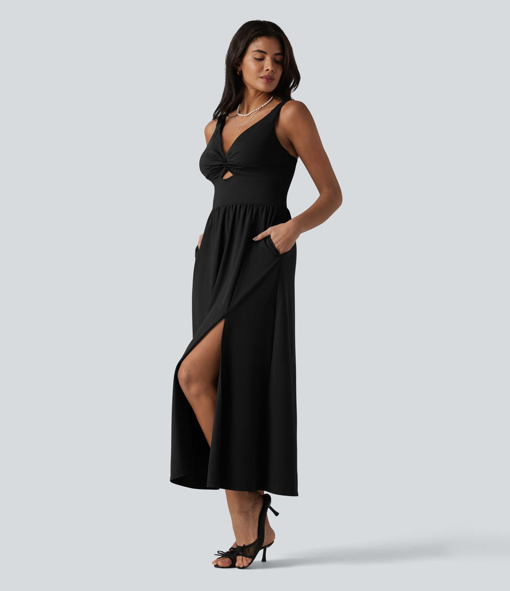 Robe midi SoftlyZero™ Airy effet frais InstantCool sans manches col V avec coques intégrées non amovibles et poches, bonnets E-G