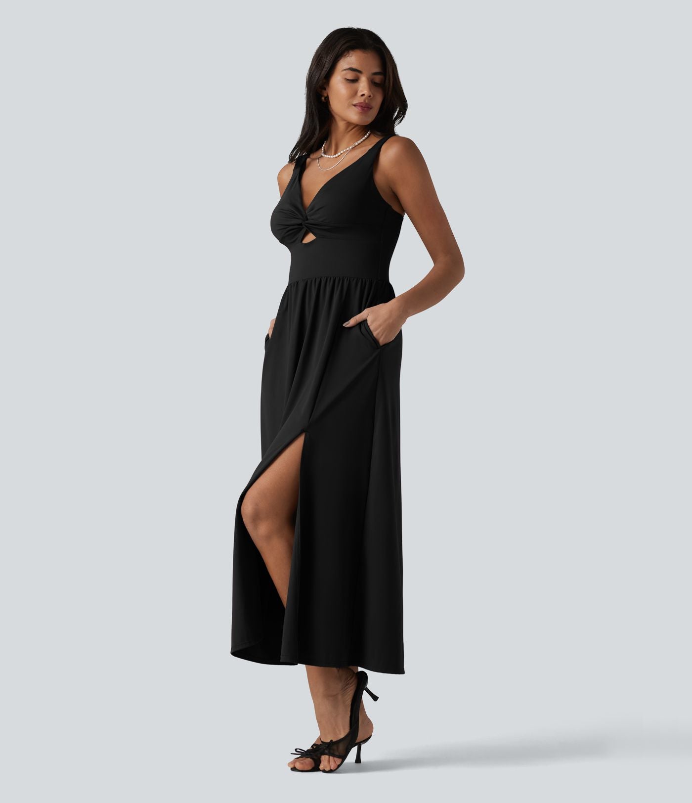 Robe midi SoftlyZero™ Airy effet frais InstantCool sans manches col V avec coques intégrées non amovibles et poches, bonnets E-G