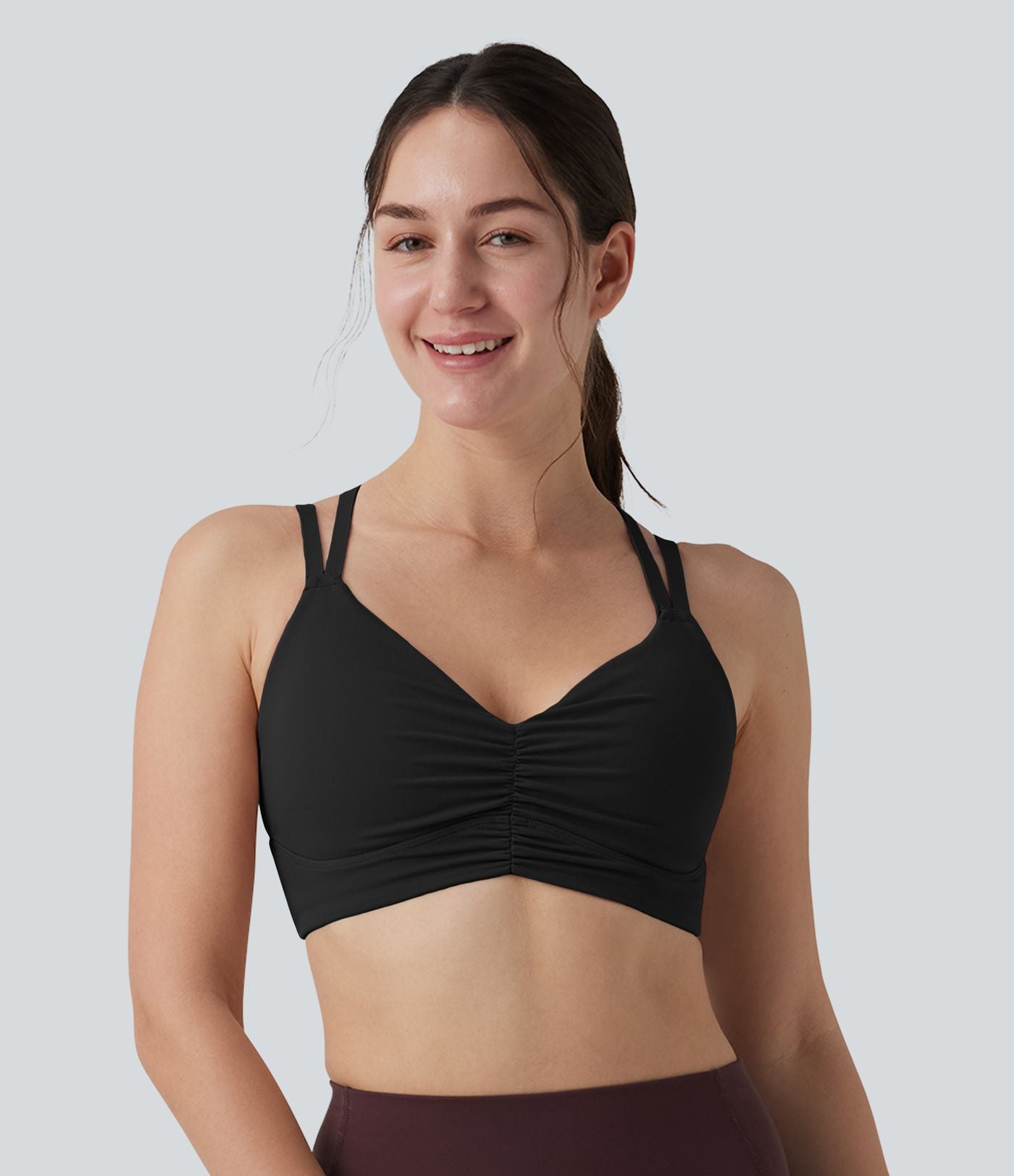 Brassière de sport yoga maintien léger dos croisé ouvert bretelles réglables froncée avec brassière intégrée, à effet frais InstantCool et séchage rapide, protection solaire UPF50+